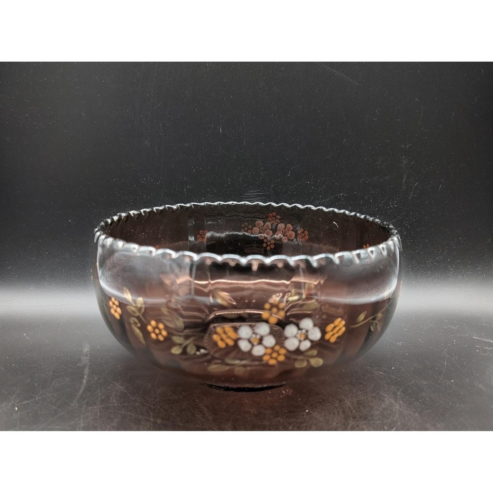 Antique Northwood Amethyst Glass Bowl Hand Painted Floral Enamel Scalloped 7.75"